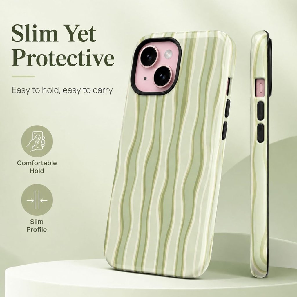 for iPhone 15 Case,Cute Colorful Wavy Stripe Shockproof Dual-Layer Protective Case, Sturdy and Durable 2-in-1 Phone Case, Cyan, for iPhone 15