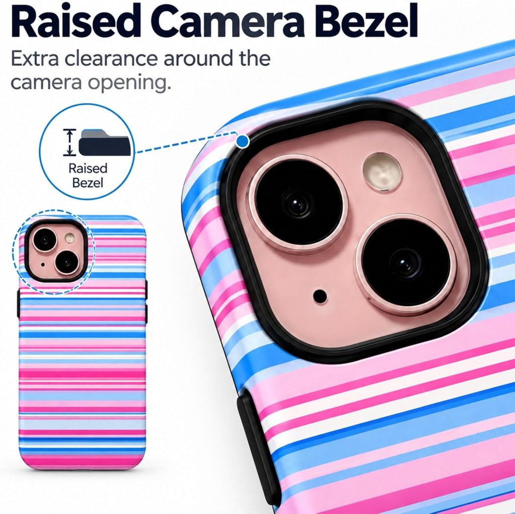 for iPhone 15 Case,Cute Colorful Retro Rainbow Stripe Phone Case, Durable Stylish Aesthetic 2-in-1 Phone Case,Blue, for iPhone 15