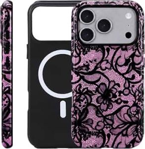 for iPhone 17 Pro/18 Pro Case – Wireless Charging for MagSafe, Dual-Layer Design (Hard PC Shell, Soft TPU Lining), Shockproof Protective Case for Women – Black & Pink Lace Print
