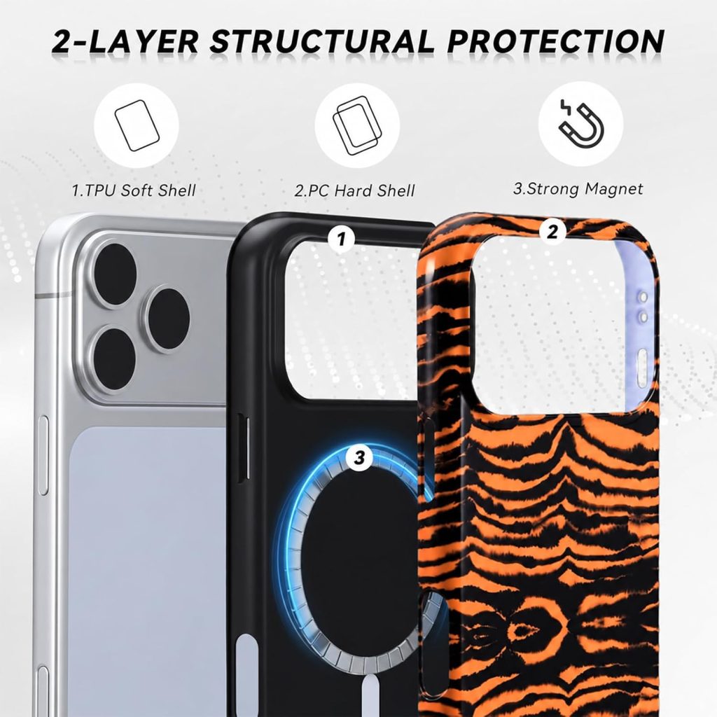 for iPhone 17 Pro/18 Pro Case – Wireless Charging for MagSafe, 2-Layer Design (Hard PC Shell, Soft TPU Lining), Unisex Shockproof Protective Case – Orange Tiger Stripe Pattern