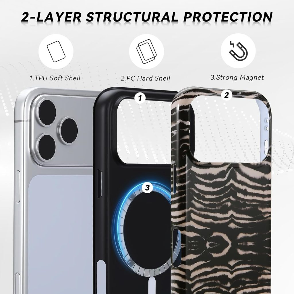 for iPhone 17 Pro/18 Pro Case – Wireless Charging for MagSafe, Dual-Layer Design (Outer Hard PC Shell + Inner Soft TPU Shell), Unisex Shockproof Protective Case – Tiger Stripe Pattern.