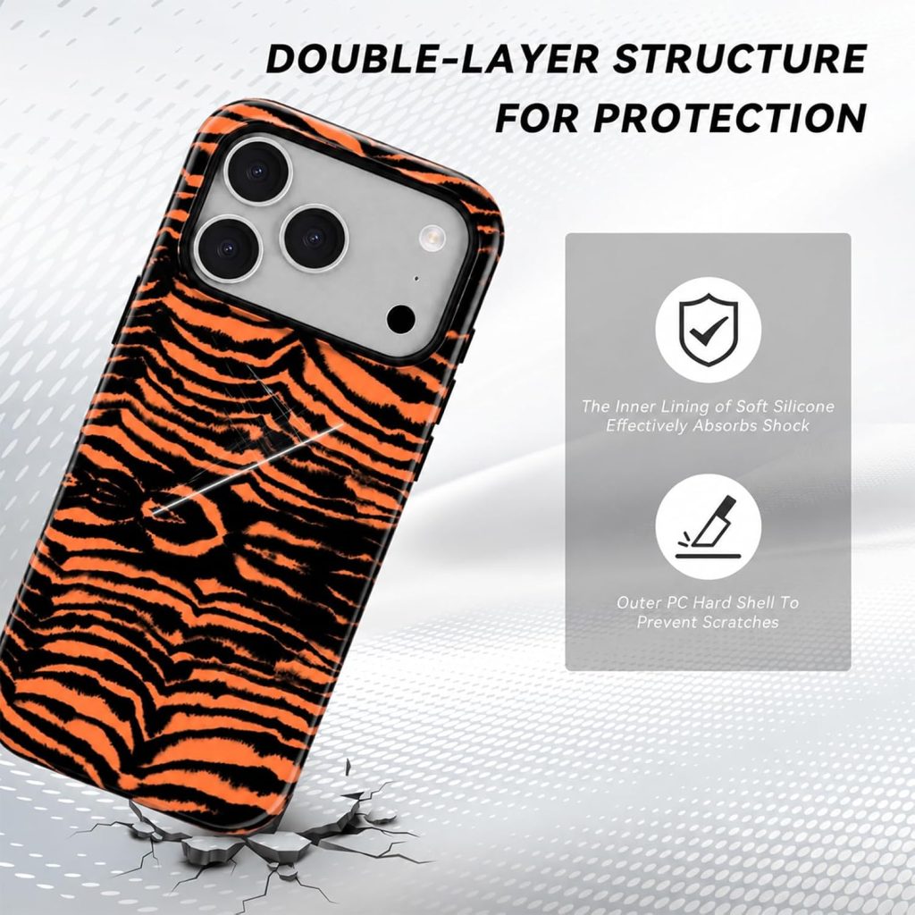 for iPhone 17 Pro/18 Pro Case – Wireless Charging for MagSafe, 2-Layer Design (Hard PC Shell, Soft TPU Lining), Unisex Shockproof Protective Case – Orange Tiger Stripe Pattern