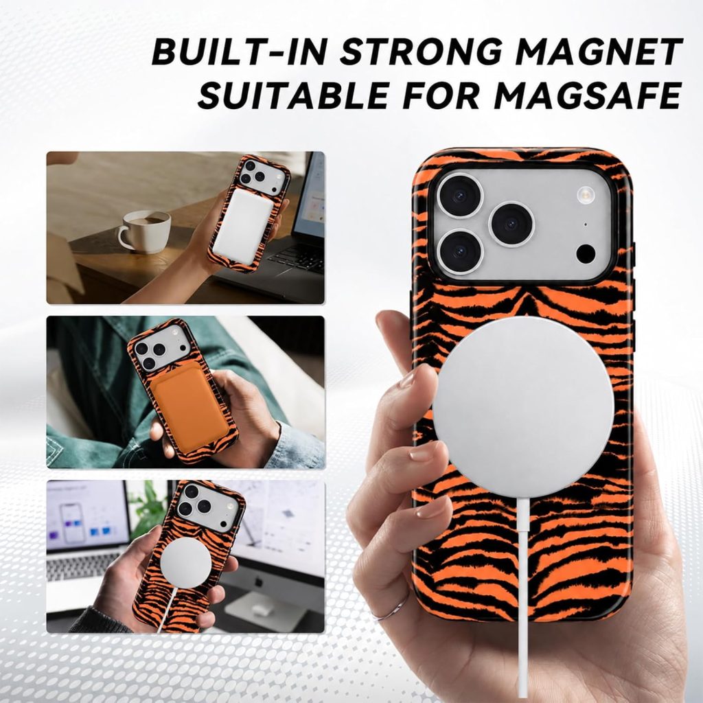 for iPhone 17 Pro/18 Pro Case – Wireless Charging for MagSafe, 2-Layer Design (Hard PC Shell, Soft TPU Lining), Unisex Shockproof Protective Case – Orange Tiger Stripe Pattern