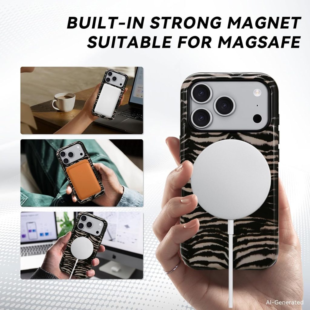 for iPhone 17 Pro/18 Pro Case – Wireless Charging for MagSafe, Dual-Layer Design (Outer Hard PC Shell + Inner Soft TPU Shell), Unisex Shockproof Protective Case – Tiger Stripe Pattern.