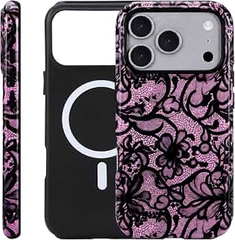 for iPhone 17 ProMax/18 ProMax Case – Wireless Charging for MagSafe, Dual-Layer Design (Hard PC Shell, Soft TPU Lining), Shockproof Protective Case for Women – Black & Pink Lace Print