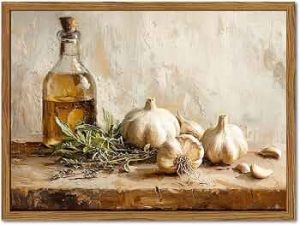 Framed Vintage Kitchen Canvas Wall Art, Rustic Garlic and Herbs Pictures Wall Decor, Neutral Still Life Paintings Prints Aesthetic Home Decor for Farmhouse Dining Room Living Room 12×16 inch