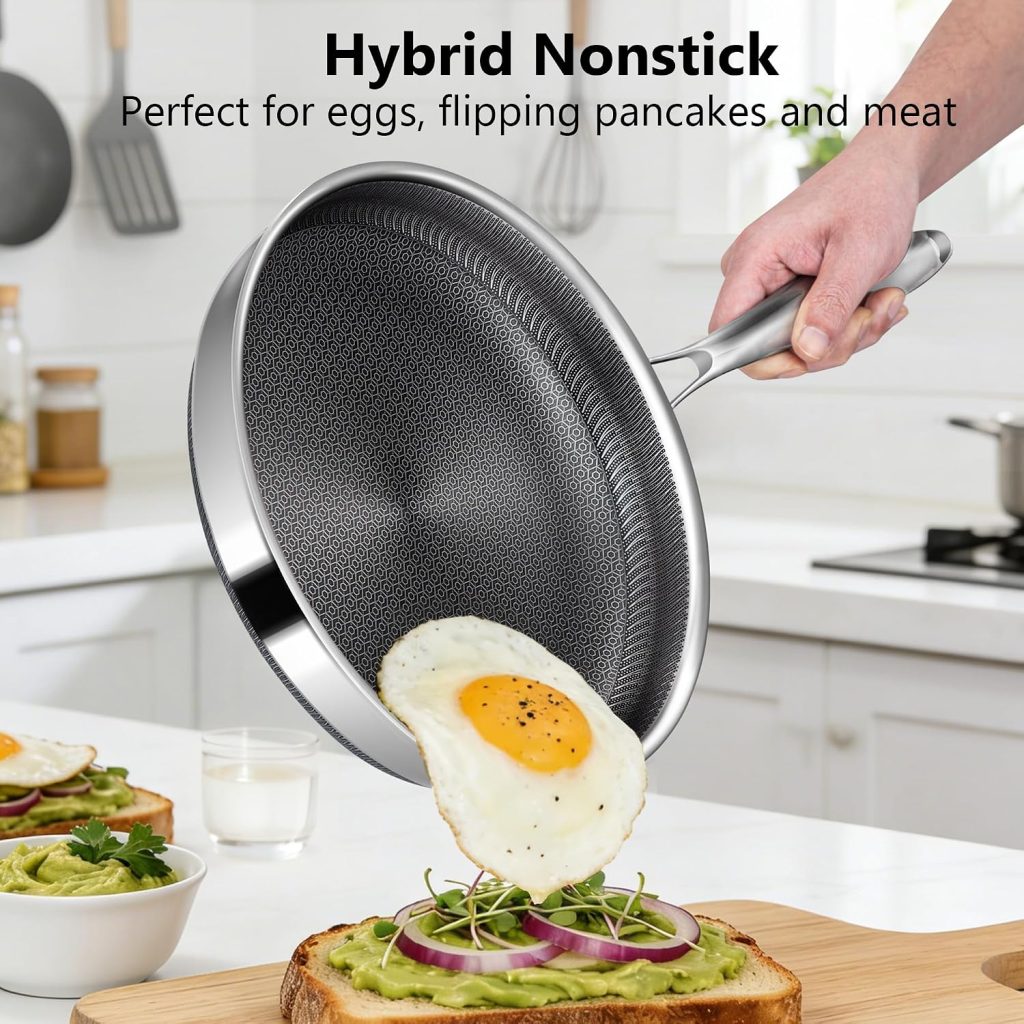 Frying Pans, 12-inch Hybrid Frying Pans Stainless Steel Skillets, Dishwasher & Oven-Safe, Stay-Cool Handle, PFOA Free Cookware, Compatible with All Cooktops