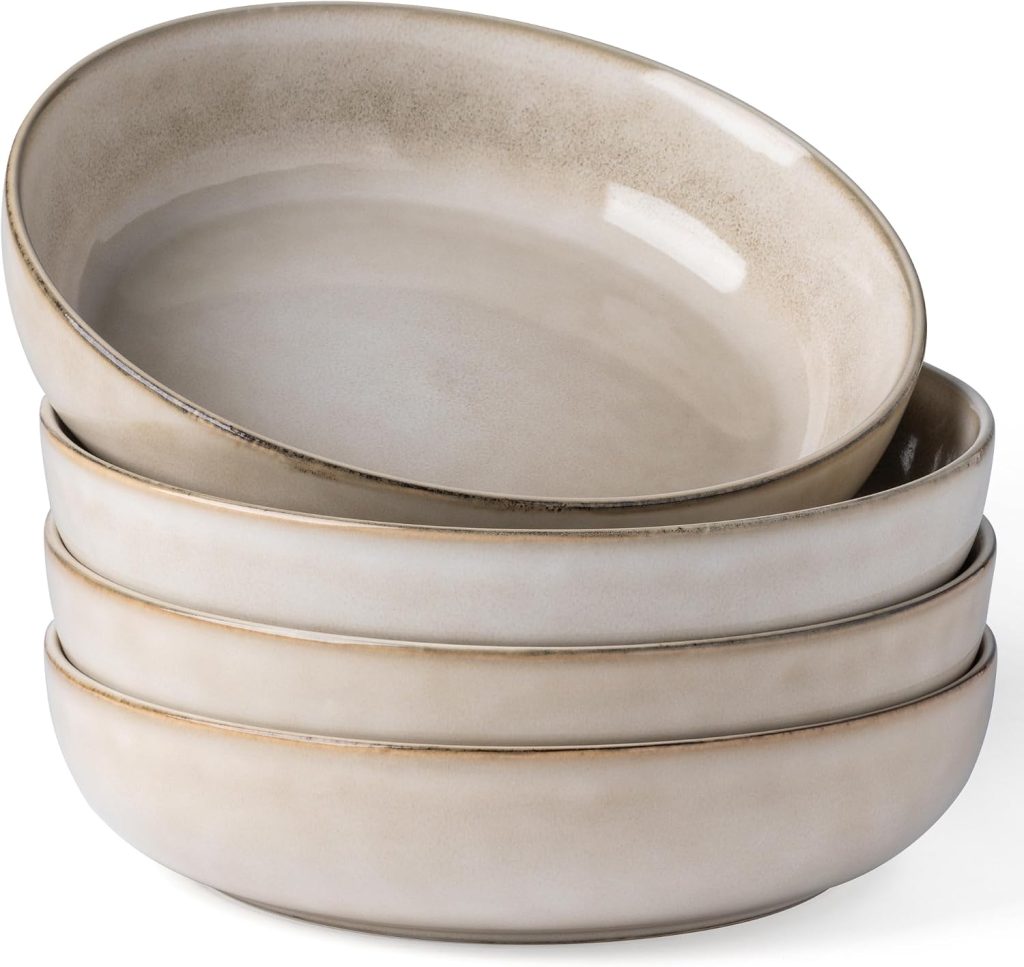GBhome 8.75” Large Ceramic Pasta Bowls, 38oz Stoneware Pasta Serving Bowls Set of 4 for Kitchen, Wide Bowls for Fruit,Pasta,Salad,Oatmeal,Meal, Microwave Safe, Reactive Glaze-Cappuccino
