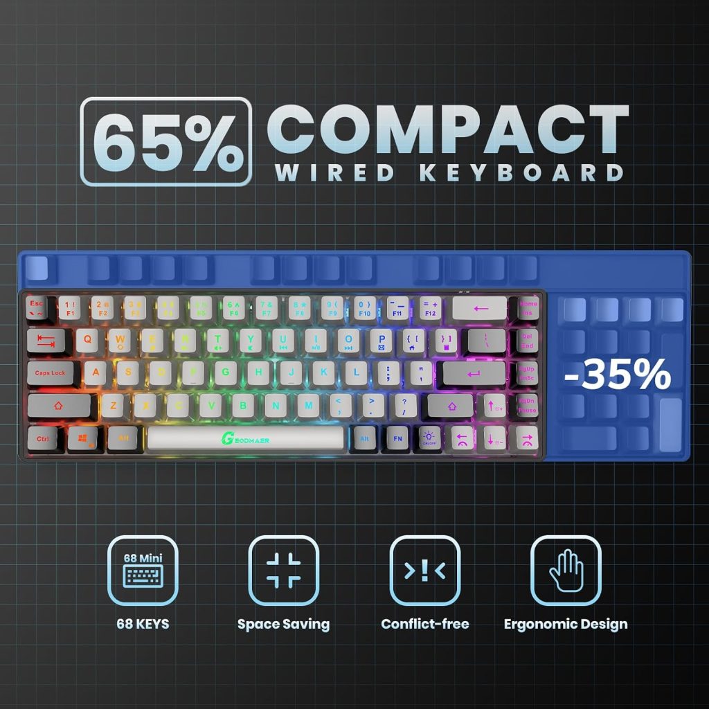 GEODMAER 65% Gaming Keyboard, Wired Backlit Mini Keyboard, Ultra-Compact Anti-Ghosting No-Conflict 68 Keys Membrane Gaming Wired Keyboard for PC Laptop Windows Gamer