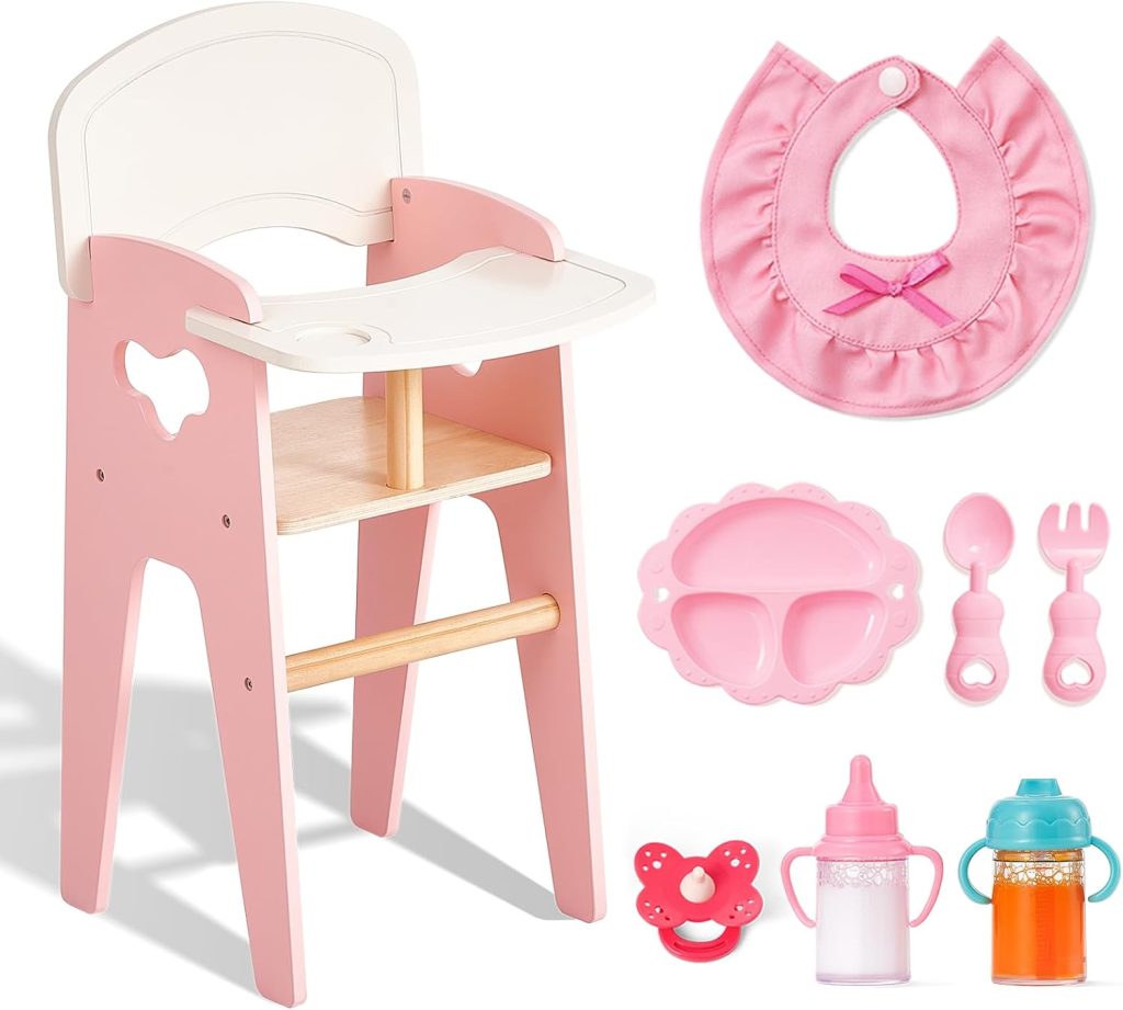 Giant bean Wooden Baby Doll High Chair with Feeding Set for 18 Inch Dolls
