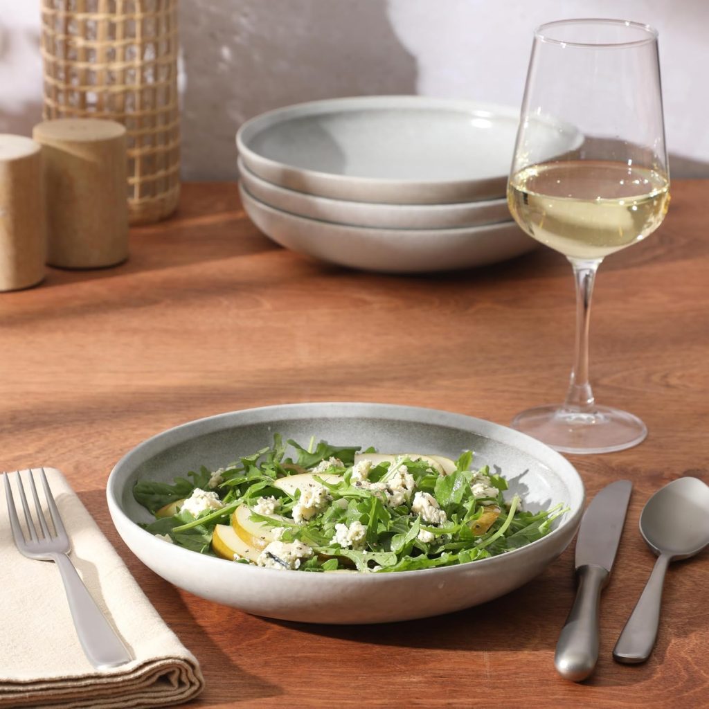 Gibson Elite Beckett 4-Piece Ash White Dinner Bowl Set – Reactive Glaze Stoneware – Shallow Pasta Bowls – Round Wide-Rim Design – Microwave & Dishwasher Safe