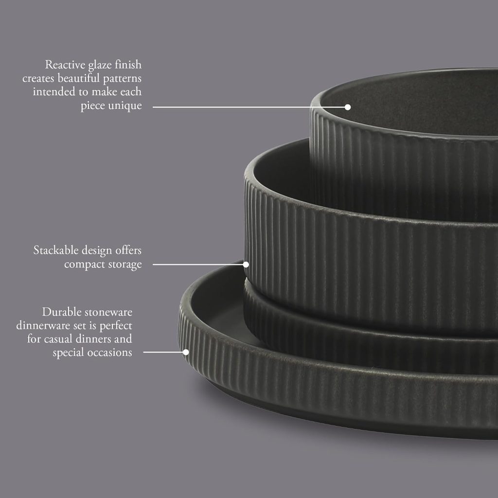 Gibson Elite Deerfield 16-Piece Stoneware Dinnerware Set – Matte Black Reactive Glaze Plates and Bowls, Stackable, Modern Design, Service for 4 – Microwave & Dishwasher Safe
