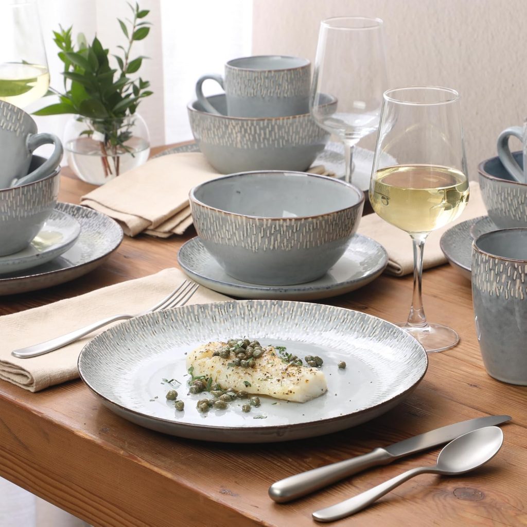Gibson Elite Jasper 16 Piece Plates and Bowls Reactive Glaze Dishes Stoneware Ceramic Dinnerware Set – Service for 4 – Grey