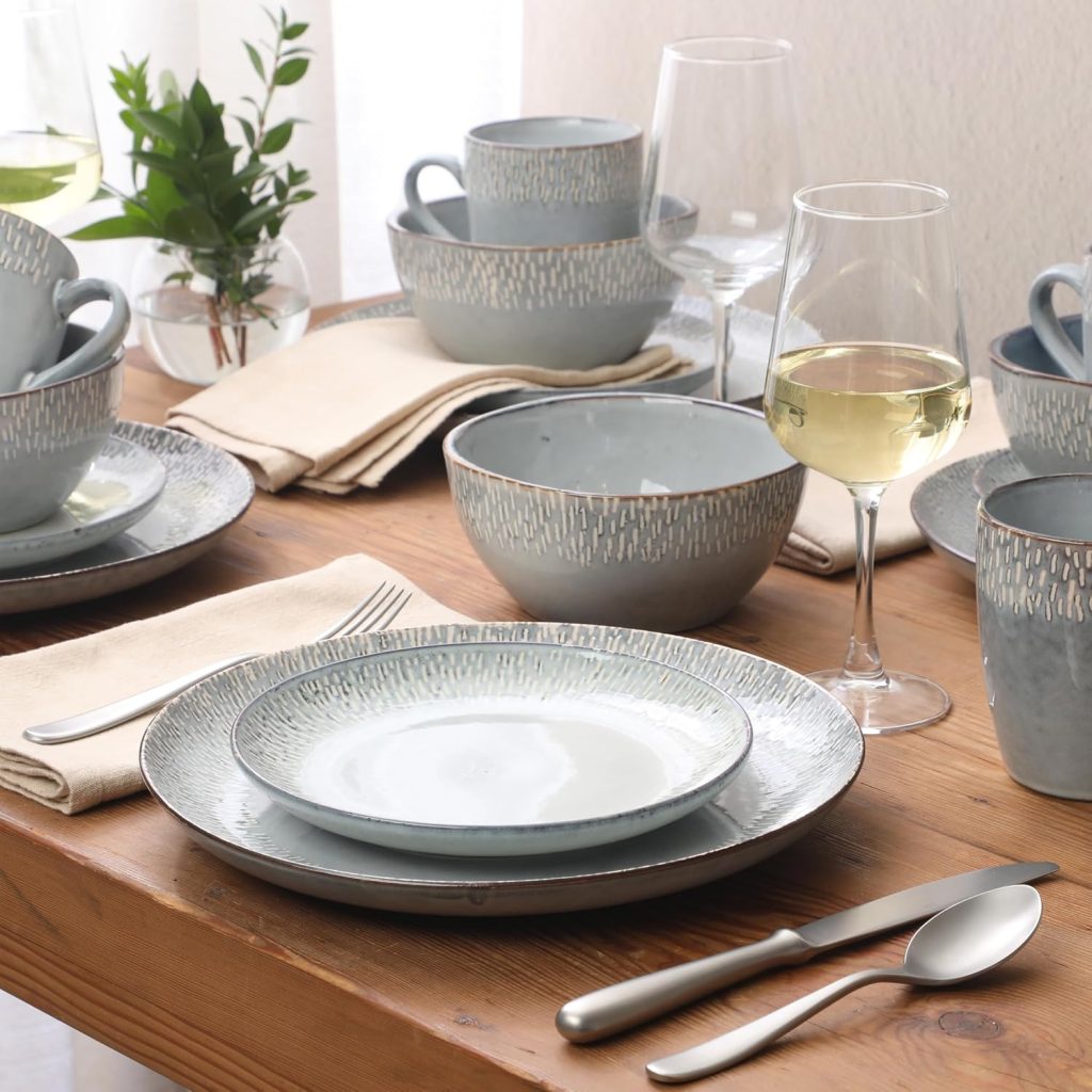 Gibson Elite Jasper 16 Piece Plates and Bowls Reactive Glaze Dishes Stoneware Ceramic Dinnerware Set – Service for 4 – Grey