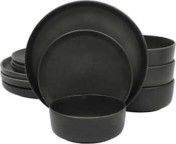 Gibson Elite Pasco 12 Piece (Service for 4) Plates and Bowls Reactive Glaze Dishes Stoneware Ceramic Dinnerware Set – Black