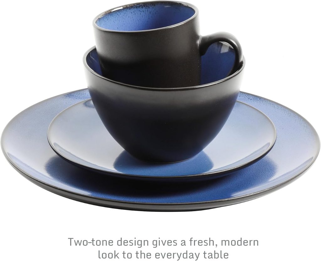 Gibson Elite Soho Lounge Round Reactive Glaze Stoneware Dinnerware Set, Service for 4 (16pc), Blue, Soho Round.