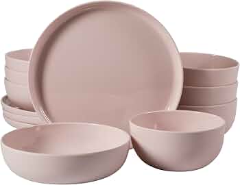 Gibson Home Candy Skies 12 Piece Unbreakable Wheat Straw Melamine Plates and Bowls Dinnerware Set – Outdoor, Camping, & Everyday Use – Matte Exterior/Shiny Interior Pink