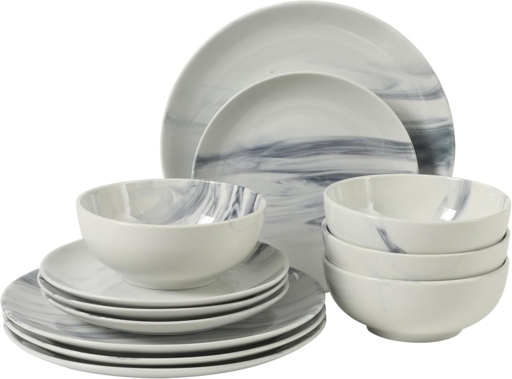 Gibson Home Cloudlight 12 Piece Plates and Bowls Dishes Blue and White – Decorated Porcelain Ceramic Dinnerware Set – Service for 4