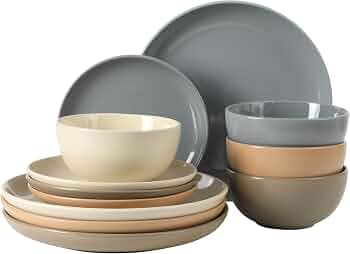 Gibson Home Rockaway 12 Piece Plates and Bowls Matte Outside/Shiny Inside Glaze Service for 4 Dinnerware Set – Assorted Color (Cream, Blue, Beige, Brown) – Dishwasher and Microwave Safe