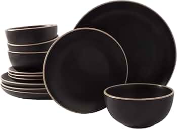Gibson Home Rockaway 12-Piece Stoneware Dinnerware Set, Service for 4 – Modern Round Plates and Bowls, Dishwasher & Microwave Safe, Black