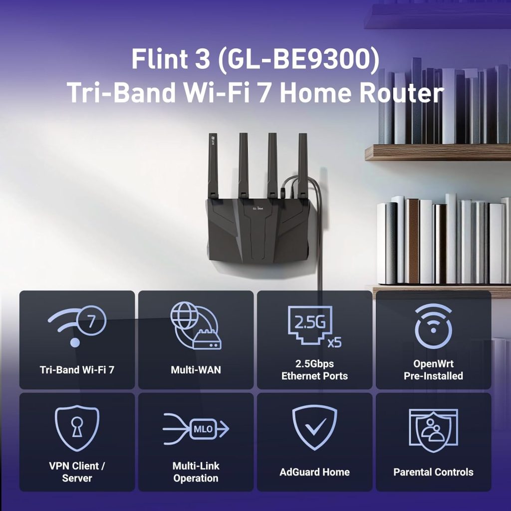 GL.iNet GL-BE9300 Flint 3 Tri-Band Wi-Fi 7 Router 5 x 2.5G VPN Router