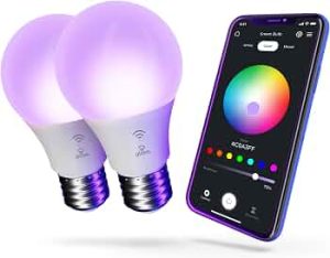 Globe Electric 34207 Wi-Fi Smart 10 Watt (60W Equivalent) Multicolor Changing RGB Tunable White Frosted LED Light Bulb 2-Pack, No Hub Required, Voice Activated, 2000K – 5000K, A19 Shape, E26 Base