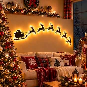 Glow Reindeer Sleigh Christmas Wall Decor 3D Light Up Wood LED Peel Stick