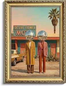 Gold Framed Vintage Surreal Wall Art, Disco Ball Head Picture Wall Decor, Retro Desert Motel Canvas Print, Mid Century Modern Western Poster Painting for Living Room Bedroom Office 12x16in