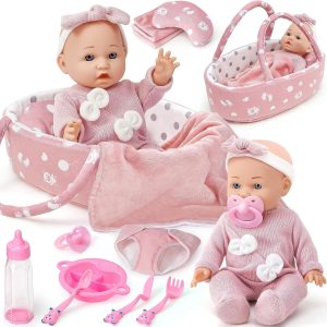 Golray 12″ Soft Baby Doll Set with Accessories Bassinet Carrier, 13 Pcs First Toddlers Realistic Baby Doll Crib with Pillow/ Clothes/ Feeding Kit, Pretend Play Toy Birthday Gift for Girls Ages 3 4 5 6