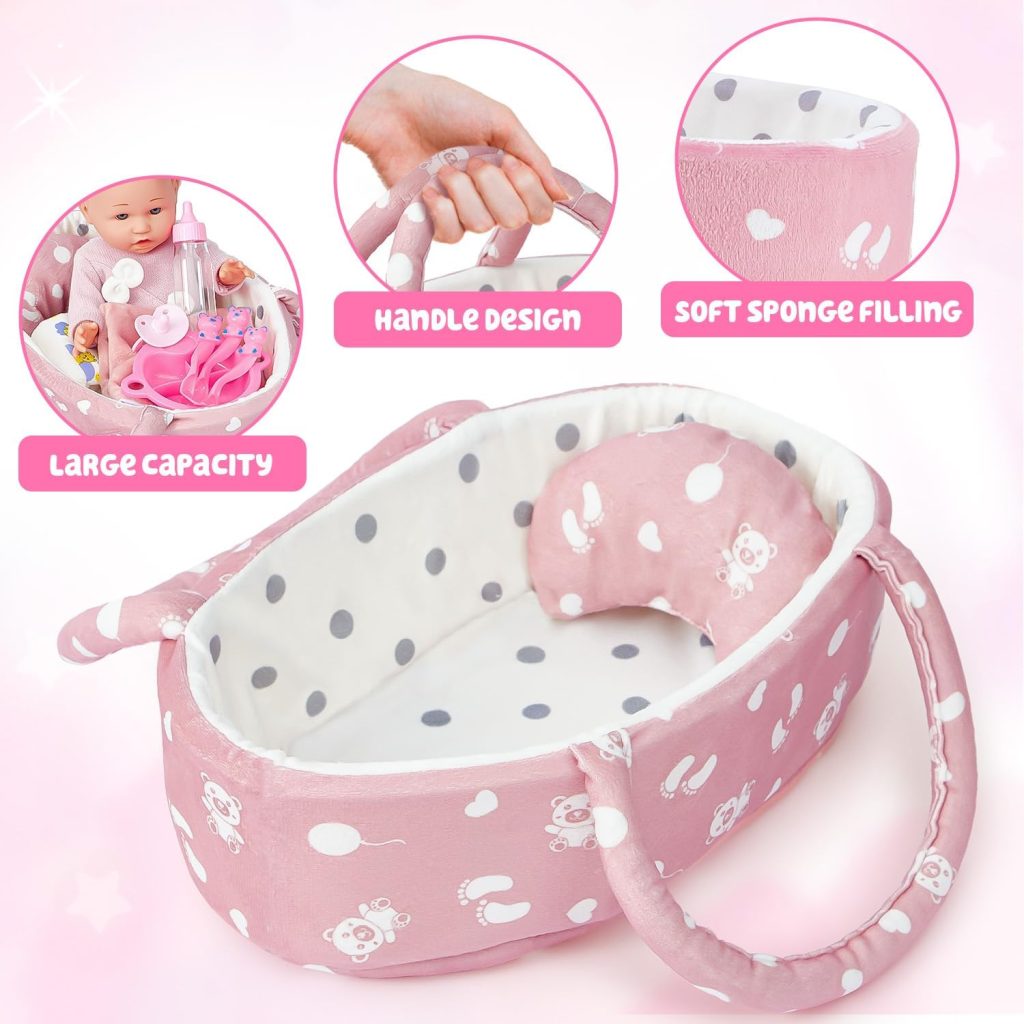 Golray 12″ Soft Baby Doll Set with Accessories Bassinet Carrier, 13 Pcs First Toddlers Realistic Baby Doll Crib with Pillow/ Clothes/ Feeding Kit, Pretend Play Toy Birthday Gift for Girls Ages 3 4 5 6