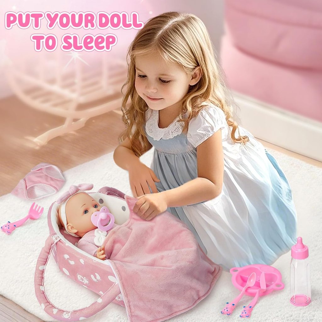 Golray 12″ Soft Baby Doll Set with Accessories Bassinet Carrier, 13 Pcs First Toddlers Realistic Baby Doll Crib with Pillow/ Clothes/ Feeding Kit, Pretend Play Toy Birthday Gift for Girls Ages 3 4 5 6