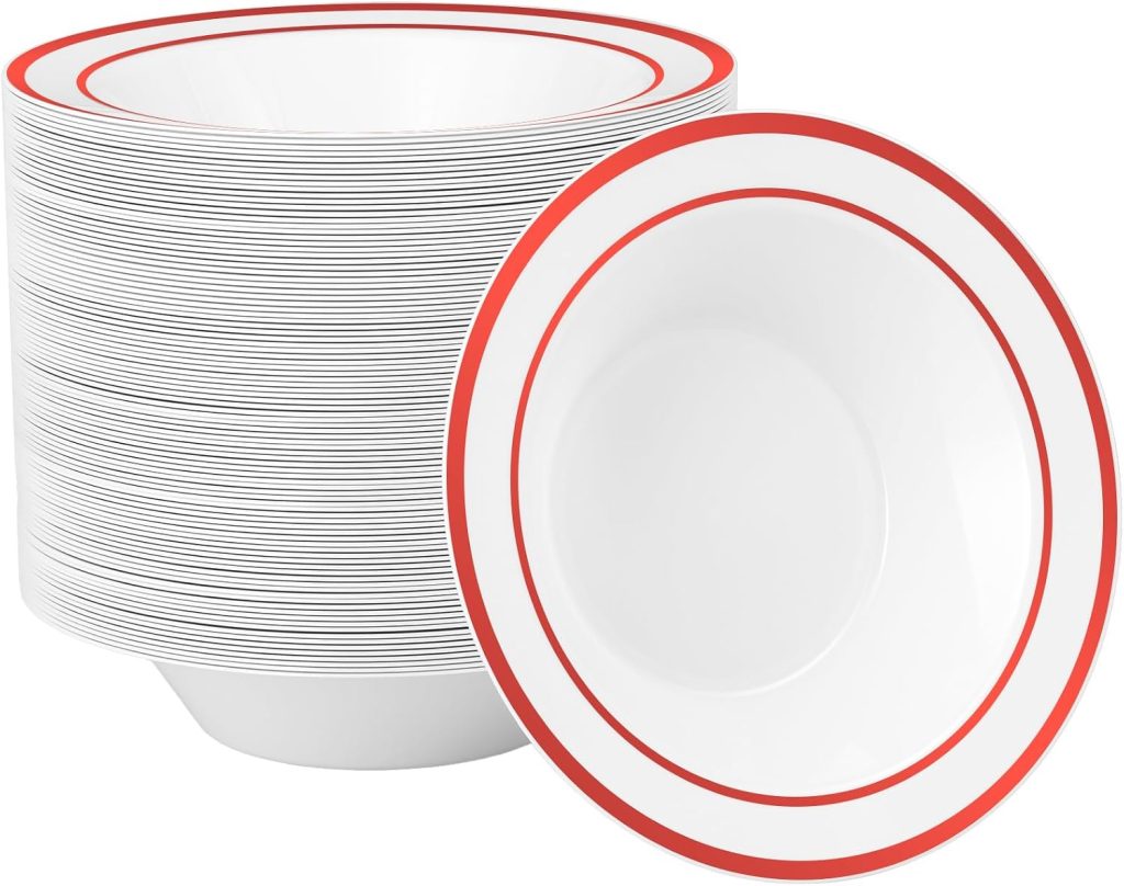 Goodluck 100 Pack Plastic Bowls with Red Rim