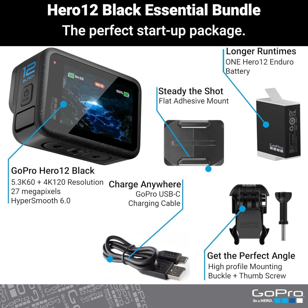 GoPro Hero12 Black E-Commerce Package – Waterproof Action Camera with 5.3K60 Ultra HD Video, 27MP Photos, HDR, 1/1.9″ Image Sensor, Live Streaming, Webcam, Stabilization