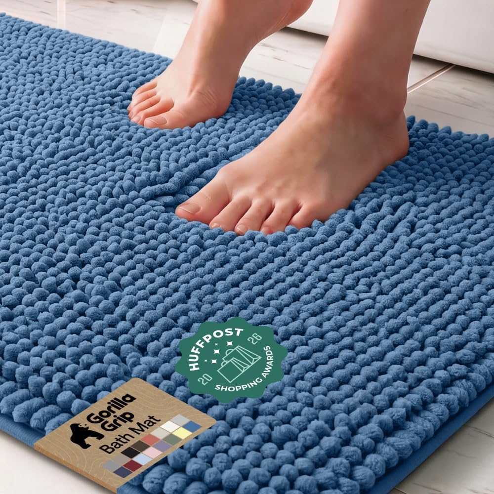 GORILLA GRIP Bath Rug Mat for Bathroom, Absorbent Chenille, 24×17 Blue