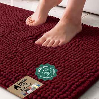 GORILLA GRIP Bath Rug Mat for Bathroom, Absorbent Chenille, 24×17 Burgundy