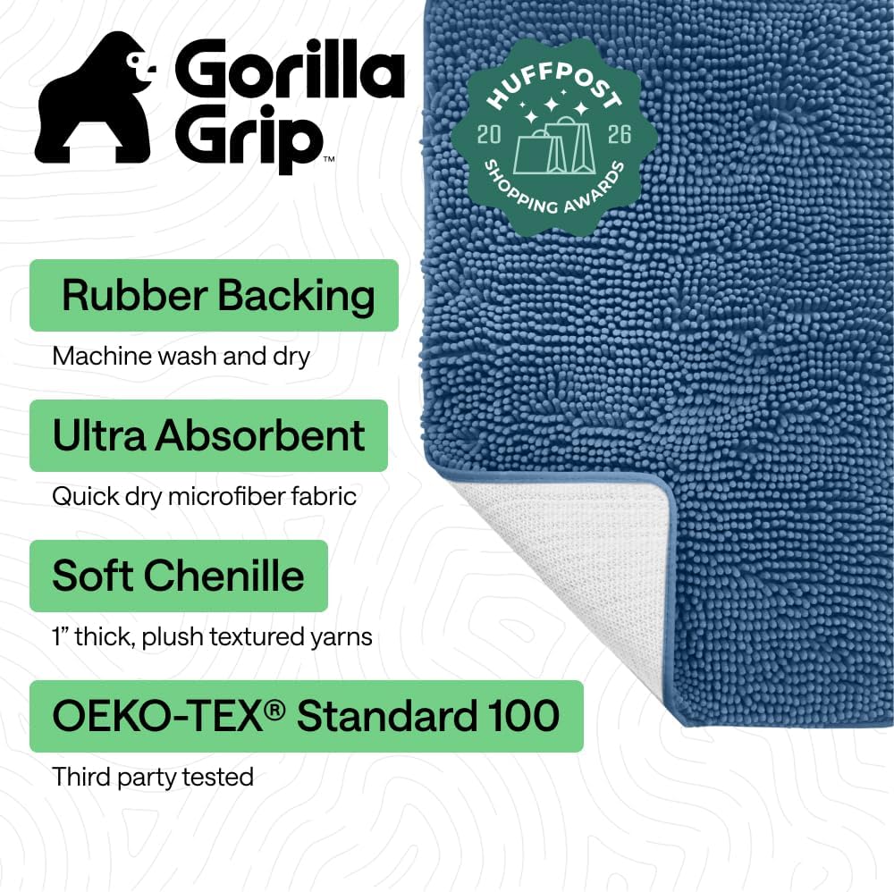 GORILLA GRIP Bath Rug Mat for Bathroom, Absorbent Chenille, 30×20 Blue