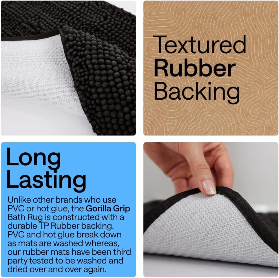 GORILLA GRIP Bath Rug Mat for Bathroom, Absorbent Chenille, 30×20 Black