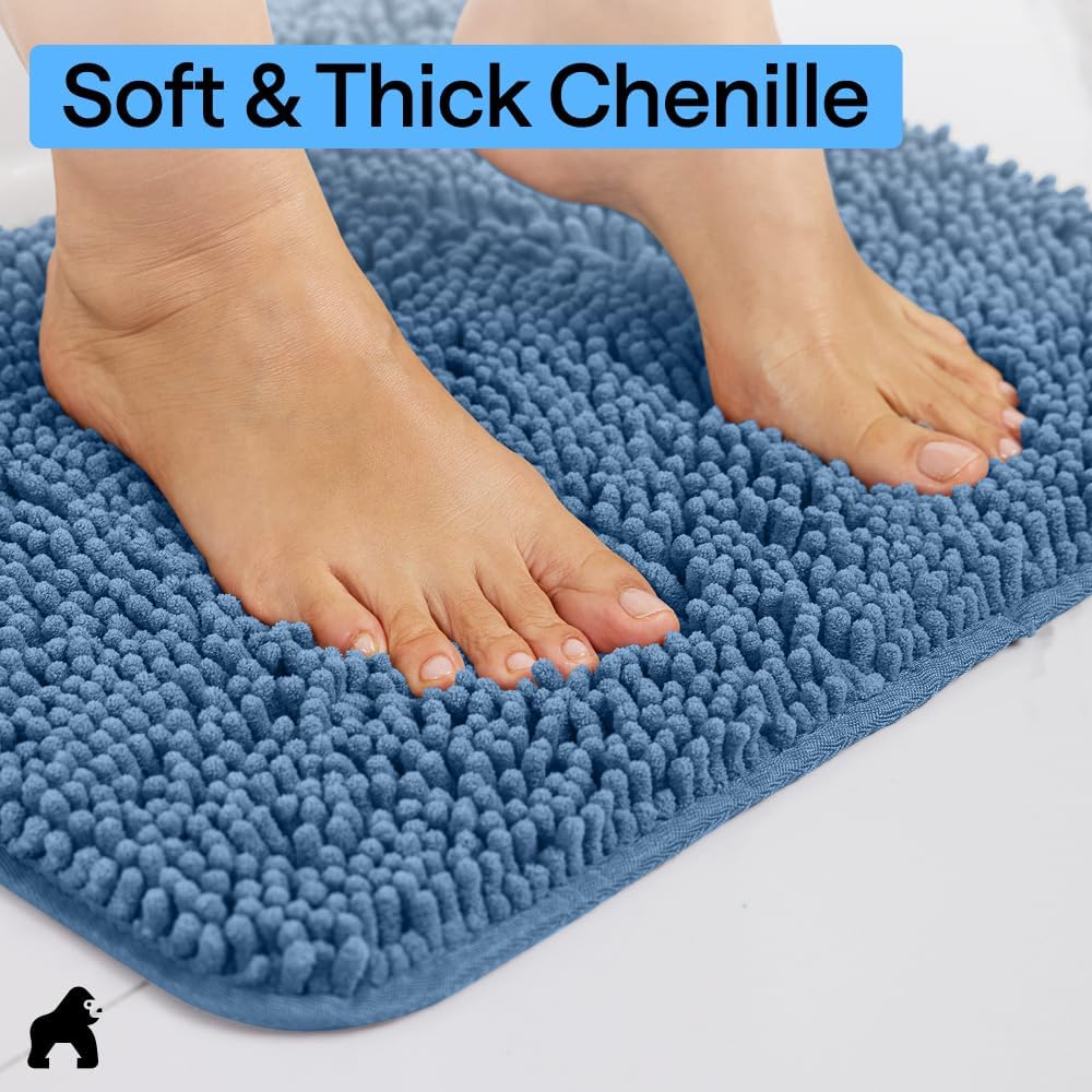 GORILLA GRIP Bath Rug Mat for Bathroom, Absorbent Chenille, 30×20 Blue
