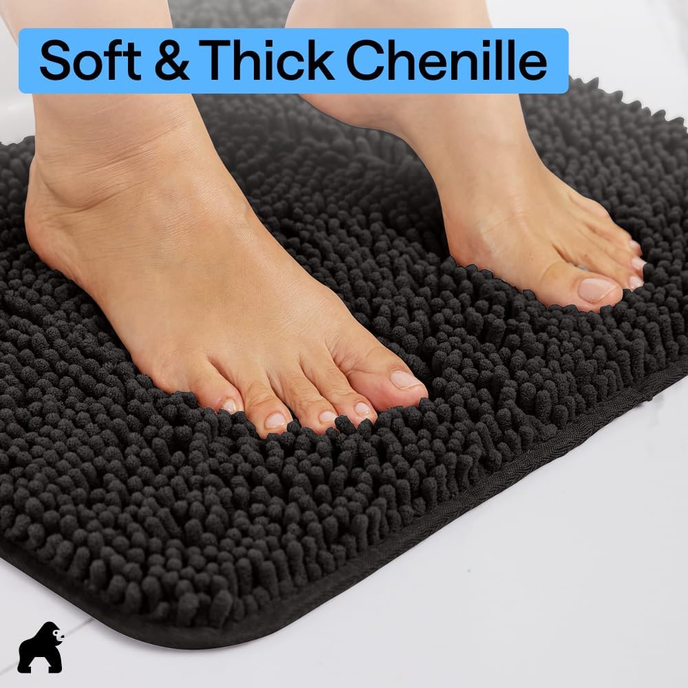 GORILLA GRIP Bath Rug Mat for Bathroom, Absorbent Chenille, 30×20 Black