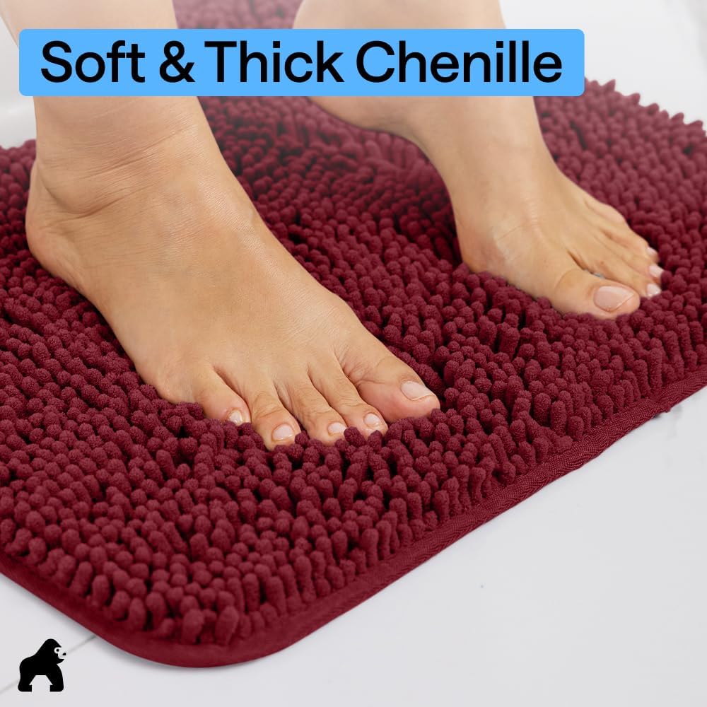 GORILLA GRIP Bath Rug Mat for Bathroom, Absorbent Chenille, 30×20 Burgundy