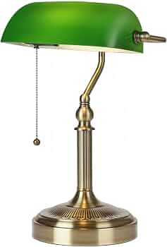 Green Glass Bankers Desk Lamp with Pull Chain Switch Plug in