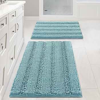H.VERSAILTEX Extra Thick Chenille Striped Pattern Bath Rugs for Bathroom Non Slip – Soft Plush Shaggy Mats for Floor, Indoor, Entryway (Aqua Haze, 32 x 20 Plus 24 x 17 – Inches)