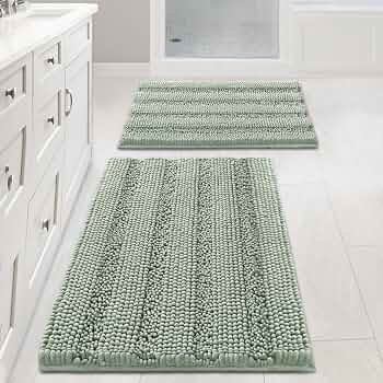 H.VERSAILTEX Sage Bathroom Rugs, Bath Mat Set of 2 Extra Thick Chenille Striped Pattern Shaggy Bath Rugs for Bath Room, Non Skid Bath Mats for Bathroom Floor (32 x 20 Plus 24 x 17 – Inches)