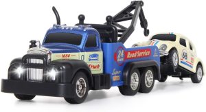 haomsj Mini Rc Tow Truck Toy with Mini Metal Car Set 2PCS,City Service Vehicle Remote Control Tow Truck Toys for Kids Boys Gifts 3-5 4-7 8-12 Years Old, 1:64 Scale Cars Trailer Toy with Light(Blue)
