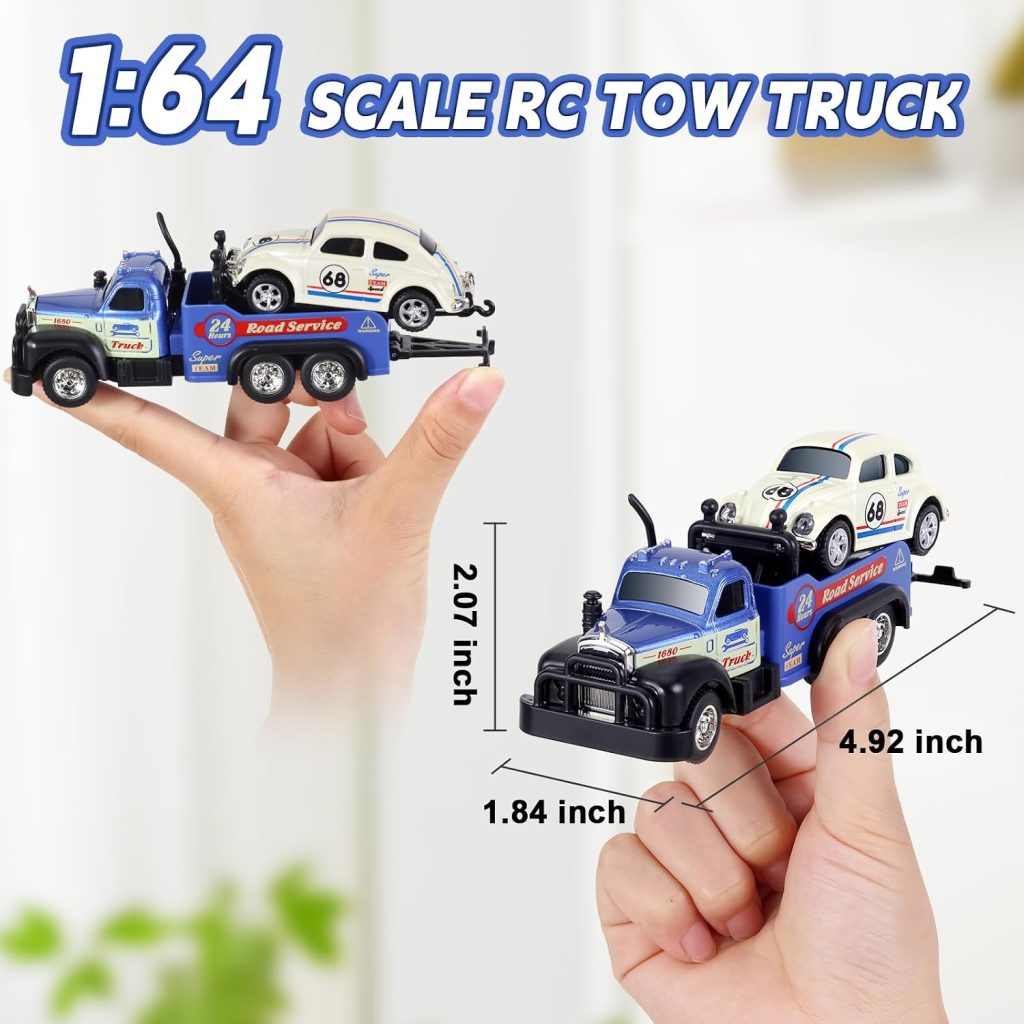 haomsj Mini Rc Tow Truck Toy with Mini Metal Car Set 2PCS,City Service Vehicle Remote Control Tow Truck Toys for Kids Boys Gifts 3-5 4-7 8-12 Years Old, 1:64 Scale Cars Trailer Toy with Light(Blue)