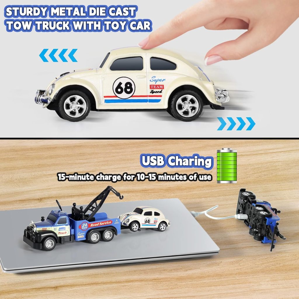 haomsj Mini Rc Tow Truck Toy with Mini Metal Car Set 2PCS,City Service Vehicle Remote Control Tow Truck Toys for Kids Boys Gifts 3-5 4-7 8-12 Years Old, 1:64 Scale Cars Trailer Toy with Light(Blue)