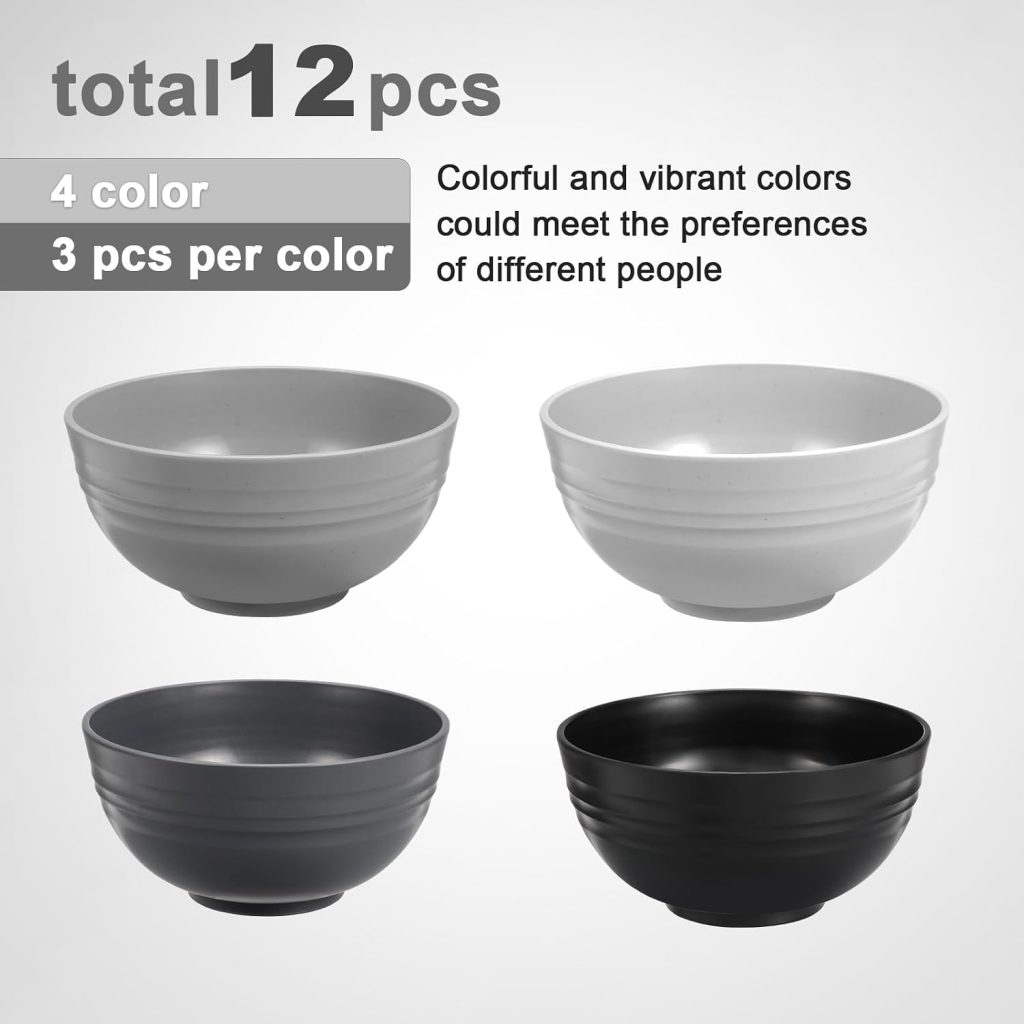 HEYCOME 12 Pcs Unbreakable Cereal Bowls Set, 26 Oz Wheat Straw Bowls Set, Microwave & Dishwasher Safe Bowls for Kitchen, Reusable Plastic Bowls for Soup, Salad and Snack, BPA Free, Multicolor