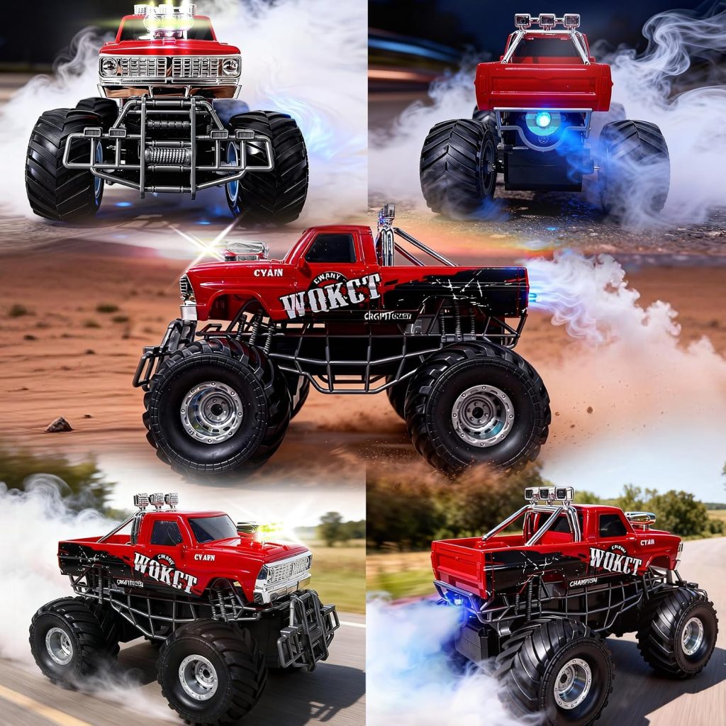 Highspeed Entry Level red rc Monster Truck with Light Spray 2.4GHz Upright 360 Rotate 4WD Monster Trucks rc Cars, 20+ KM/H Monster Trucks 70min (Max) Runtime,Halloween 8-12