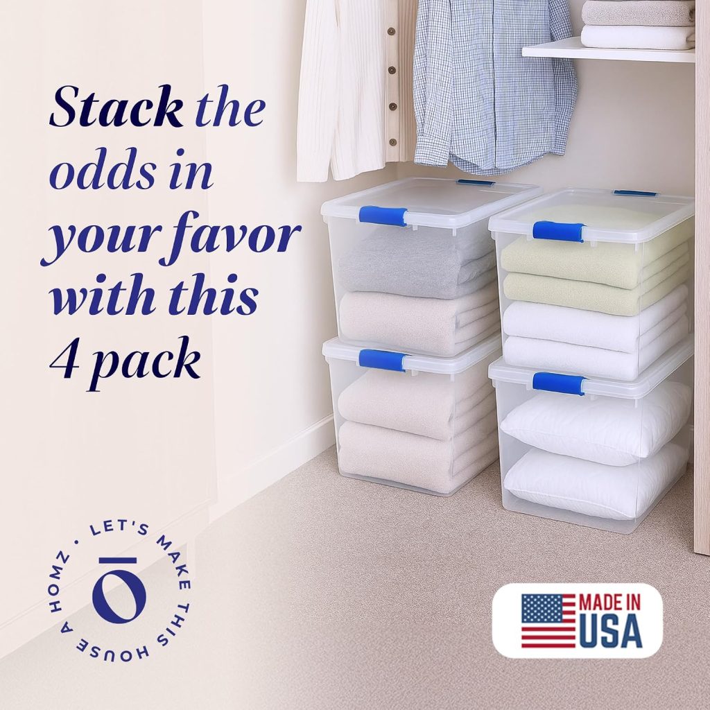 HOMZ Clear Plastic Storage Bins with Latching Lids, 31 Qt, Blue, 4 Pack
