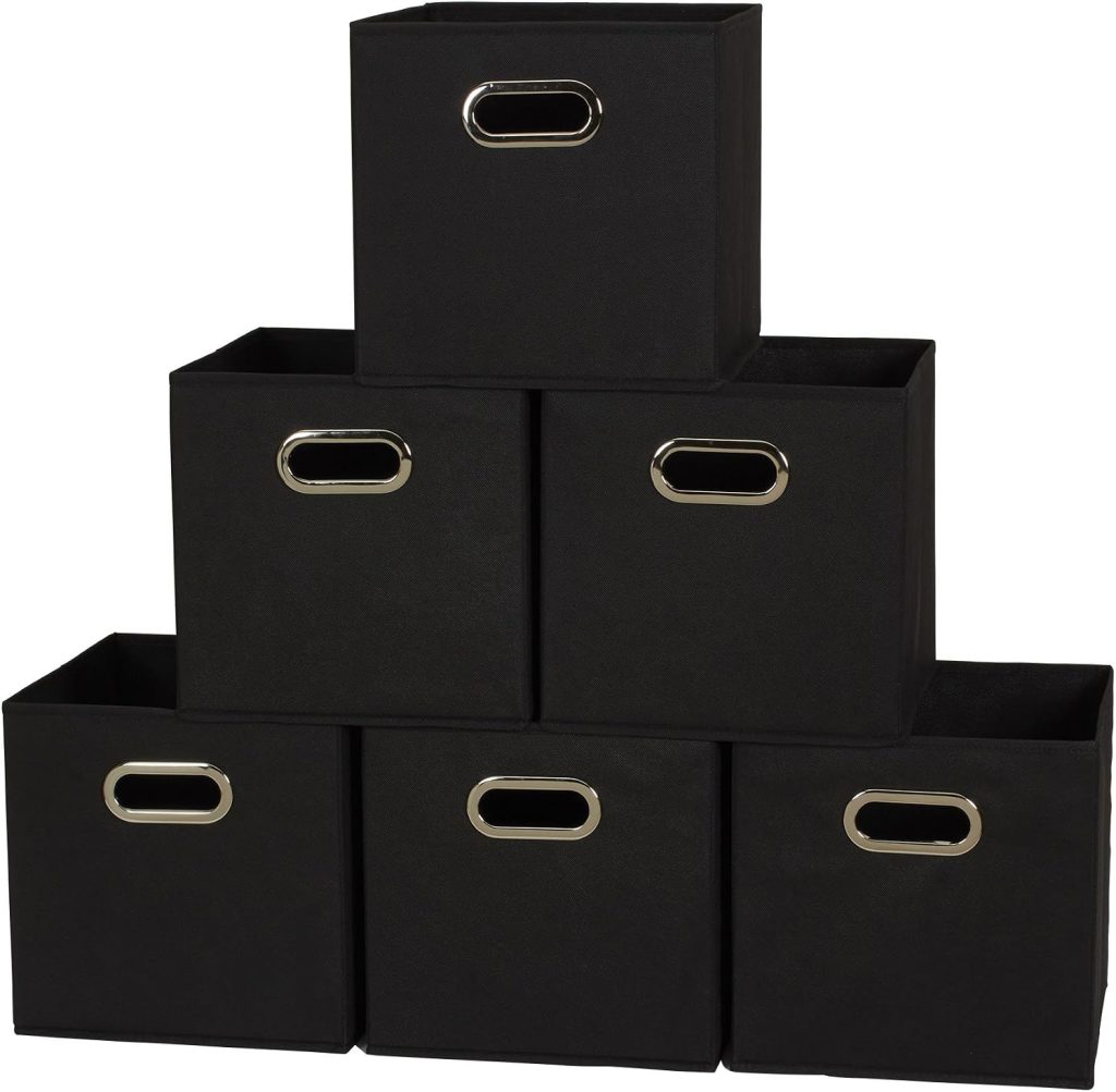 Household Essentials Foldable Fabric Storage Bins 6 Piece Set, Strong Poly-Woven Fabric, Sturdy Chipboard Sides, Grommet Front Handle, Stackable, Classic Design, Black